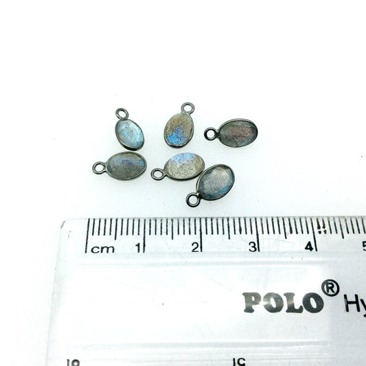 BULK LOT - Pack of Six (6) Gunmetal Sterling Silver Pointed/Cut Stone Faceted Oval Shaped Labradorite Bezel Pendants - Measuring 5mm x 7mm