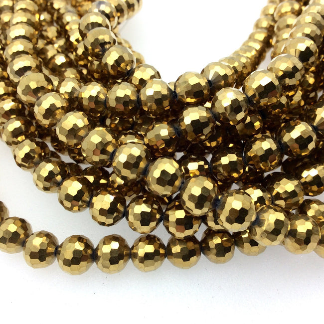 8mm Glossy Finish Faceted Opaque Gold Chinese Crystal Round/Ball Shaped Beads - Sold by 16" Strands (Approx. 54 Beads) - (CC8-110)