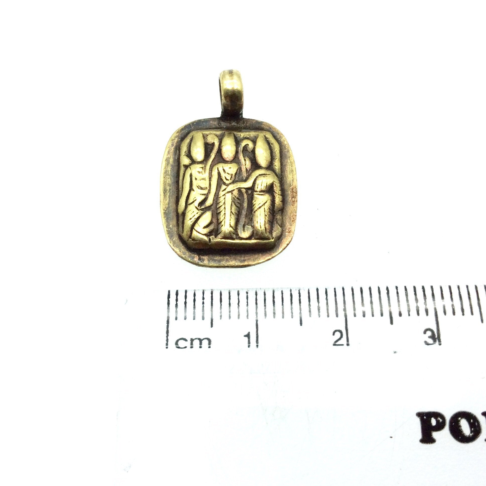 3/4" Oxidized Gold Plated Rustic Raam, Lakshaman, Janki Copper Rounded Rectangle God/Deity Pendant with Attached Ring  - 18mm, Approximately