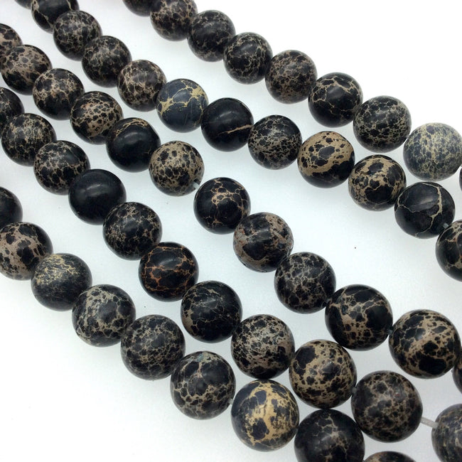 12mm Smooth Natural Black/Beige Sea Sediment Jasper Round/Ball Shape Beads -Sold by 15" Strands (Approx. 32 Beads) -Semi-Precious Gemstone