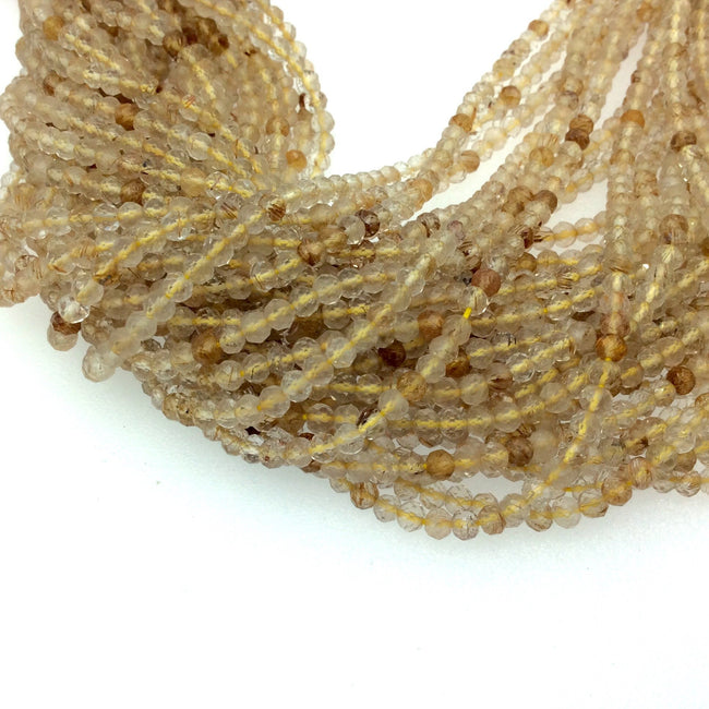 Holiday Special! 2.5mm x 2.5mm Faceted Natural Gold Rutilated Quartz  Round Beads - 13" Strand (~ 125 Beads)