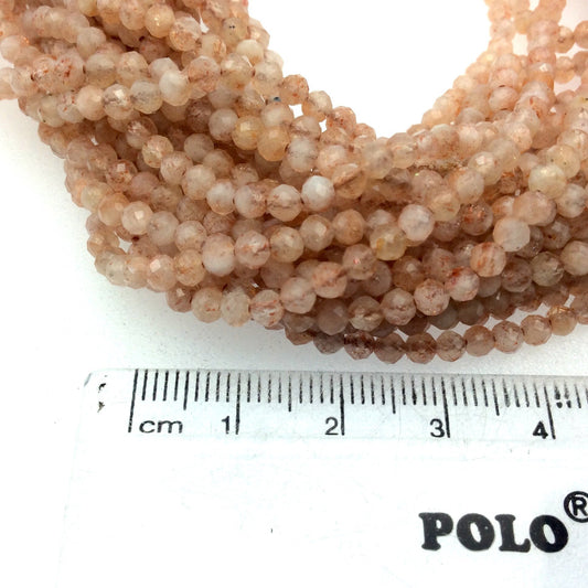 Holiday Special! 3mm x 3mm Faceted Natural Sunstone Round Beads - Sold per 13" Strand (Approx. 107 Beads)