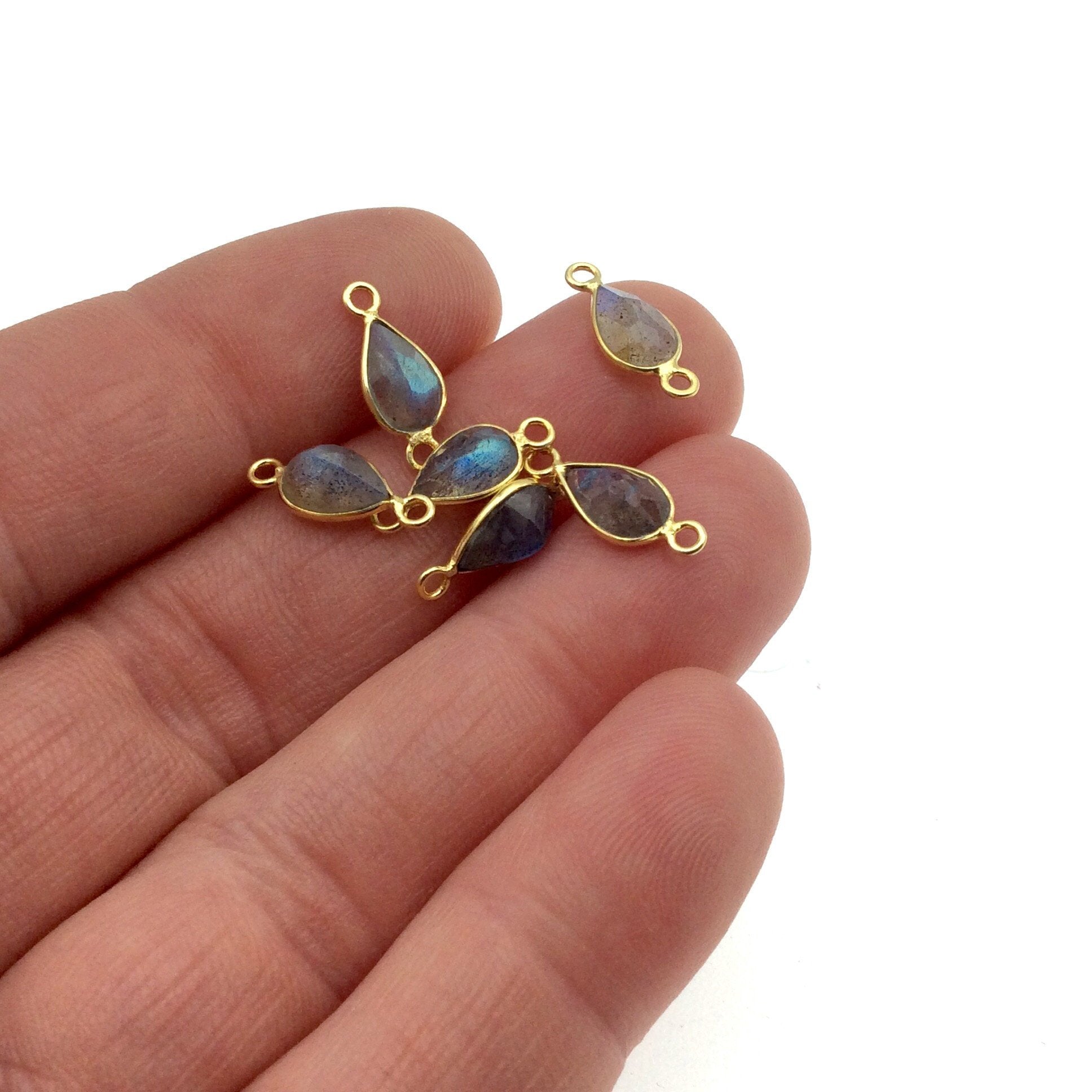 BULK LOT-Pack of Six (6) Gold Sterling Silver Pointed/Cut Stone Faceted Teardrop Shaped Labradorite Bezel Connectors Measuring 5mm x 8mm