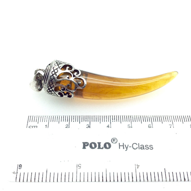 2.5" Tusk Shaped Amber Acrylic Pendant with Silver Finish Scrollwork Cap - Measuring 15mm x 65mm, Approximately - Sold Individually