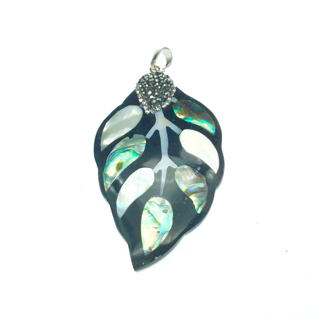 2.25" Pave Rhinestone Encrusted Single Leaf Shaped Black Abalone Pendant with Dark Gray Rhinestones Attached Bail-Measuring 35-60mm. Approx.
