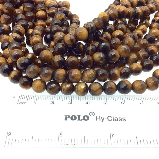 8mm Faceted Golden Brown Tiger Eye Round/Ball Shaped Beads - 14.5" Strand (Approx. 47 Beads) - Natural Hand-Strung Gemstone Bead Strand
