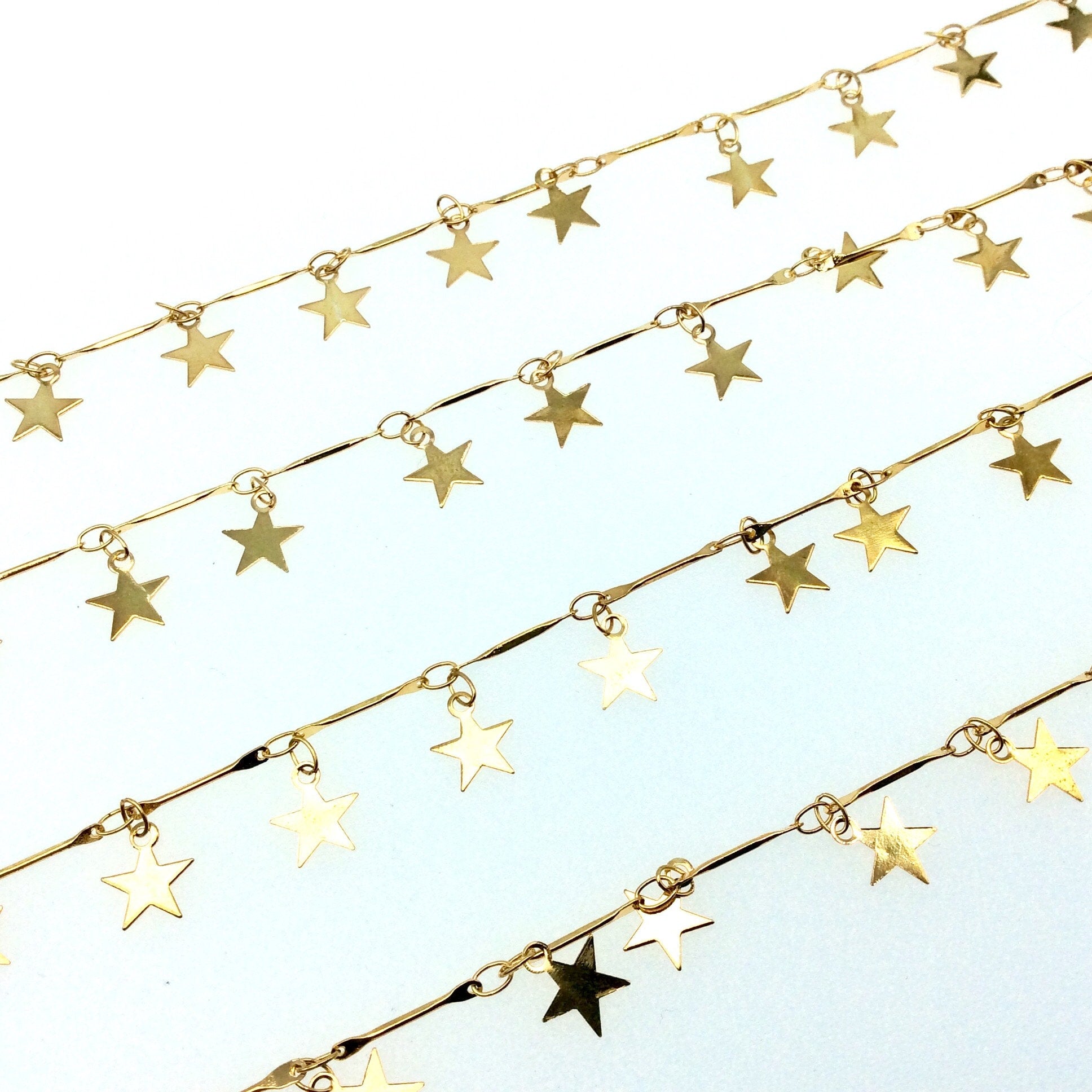 High Quality Deep Gold Spaced Dangle Chain - 8mm Star Shaped Dangles W Deep Gold Colored Skinny Links - Sold By the Foot!