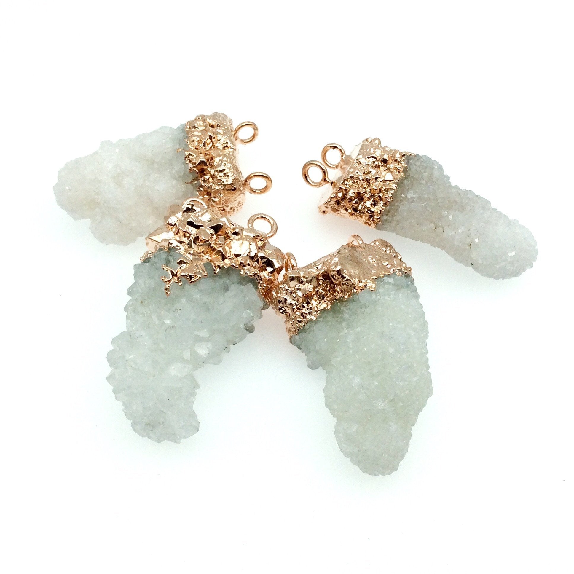 Large Rose Gold Electroplated Natural Druzy White Spirit/Cactus Quartz Vertical Cluster Pendant - approx. 25mm x 55mm - INDIVIDUAL, RANDOM