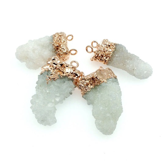 Large Rose Gold Electroplated Natural Druzy White Spirit/Cactus Quartz Vertical Cluster Pendant - approx. 25mm x 55mm - INDIVIDUAL, RANDOM