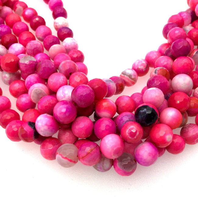 8mm Faceted Mixed Hot Pink/White Agate Round/Ball Shaped Beads - 15" Strand (Approximately 48 Beads) - Natural Semi-Precious Gemstone