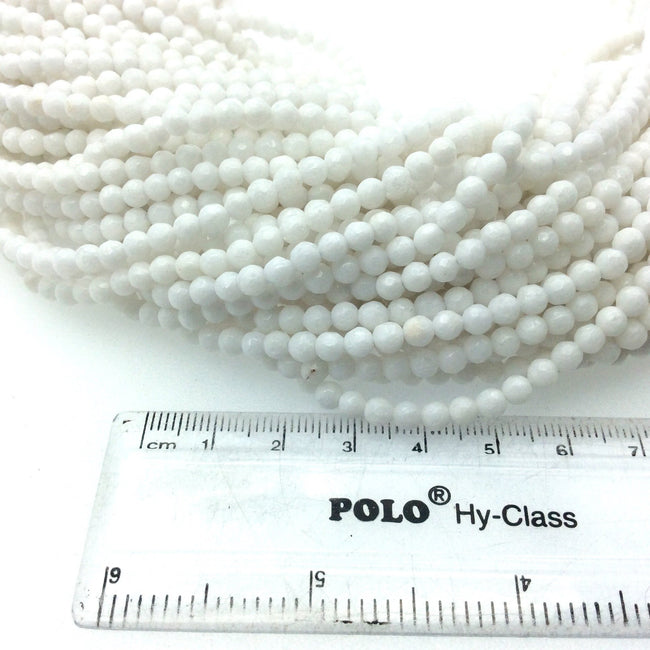 4mm Faceted Dyed Opaque White Natural Jade Round/Ball Shaped Beads - Sold by 14.5" Strands (Approx. 90 Beads) - Semi-Precious Gemstone