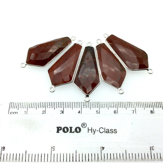 Silver Plated Natural Red Jasper Faceted Dagger Shaped Copper Bezel Connector - Measures 15mm x 30mm - Sold Individually, Random