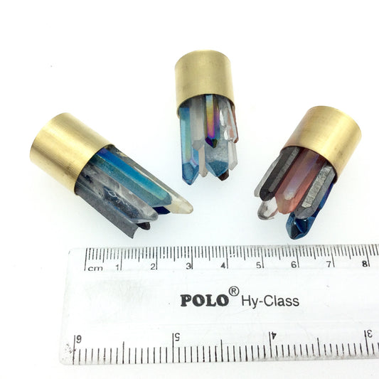 Gold Capped 7 Mix Color Titanium Coated Mystic Crystal Quartz Points Pendant - 12mm x 40mm approximately - Sold Individually/Random