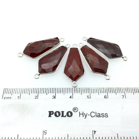 Silver Plated Natural Red Jasper Faceted Dagger Shaped Copper Bezel Connector - Measures 12mm x 25mm - Sold Individually, Random