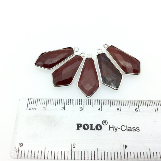 Silver Plated Natural Red Jasper Faceted Dagger Shaped Copper Bezel Pendant - Measures 12mm x 25mm - Sold Individually, Random