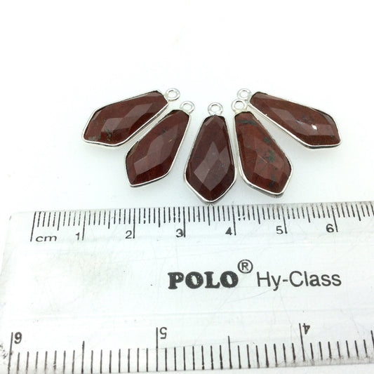 Silver Plated Natural Red Jasper Faceted Dagger Shaped Copper Bezel Pendant - Measures 10mm x 20mm - Sold Individually, Random