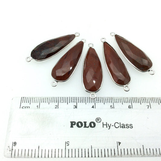 Silver Finish Faceted Red Jasper Long Teardrop Shaped Bezel Connector Component - Measuring 12mm x 30mm - Natural Semi-precious Gemstone