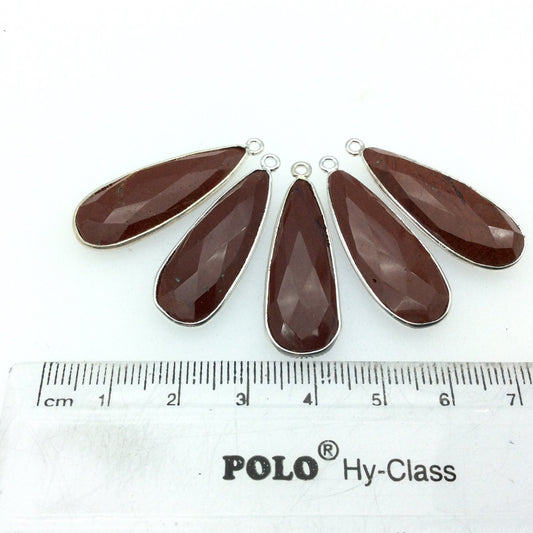 Silver Finish Faceted Red Jasper Long Teardrop Shaped Bezel Pendant Component - Measuring 12mm x 30mm - Natural Semi-precious Gemstone