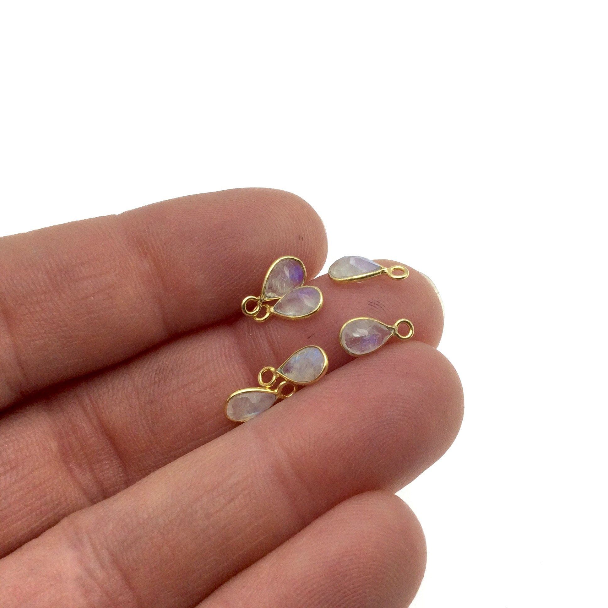 BULK PACK of Six (6) Vermeil Gold Pointed/Cut Stone Faceted Teardrop/Pear Shaped Moonstone Bezel Pendants - Measuring 4mm x 6mm