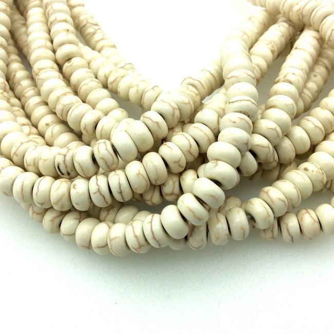 4mm x 8mm Smooth White/Ivory/Brown Howlite Rondelle Shaped Beads - Sold by 15" Strands (Approx. 84 Beads) - Quality Gemstone