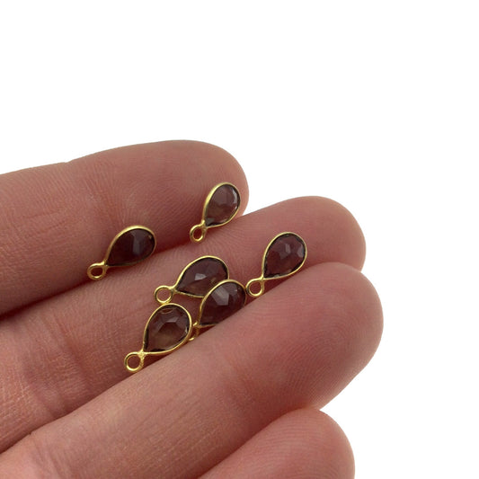 BULK LOT - Pack of Six (6) Gold Sterling Silver Pointed/Cut Stone Faceted Teardrop Shaped Smoky Quartz Bezel Pendants-Measuring 5mm x 7mm