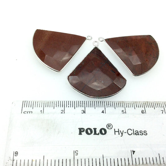 Silver Finish Faceted Red Jasper Fan Shaped Bezel Pendant Component - Measuring 30mm x 30mm - Natural Semi-precious Gemstone