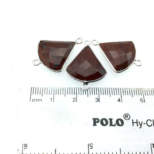 Silver Finish Faceted Red Jasper Fan Shaped Bezel Connector Component - Measuring 18-20mm x 18-20mm - Natural Semi-precious Gemstone