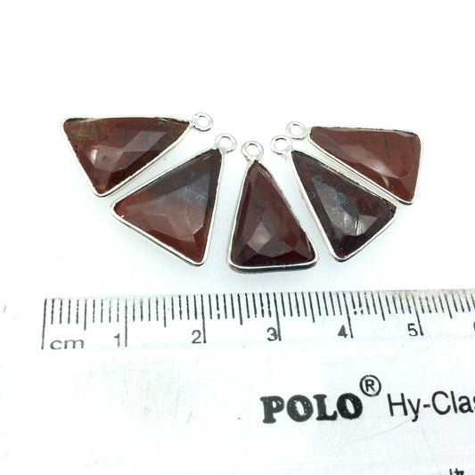 Silver Finish Faceted Red Jasper Triangle Shaped Bezel Pendant Component - Measuring 12mm x 16mm - Natural Semi-precious Gemstone