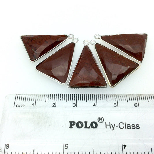 Silver Finish Faceted Red Jasper Triangle Shaped Bezel Pendant Component - Measuring 18mm x 25mm - Natural Semi-precious Gemstone
