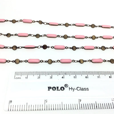 High Quality Pink Enameled Antique Brass 2-Sided Dot-Dash Cable/Link Chain - 3mm x 10mm Dash Links With Brass Dots - Sold By the Foot!