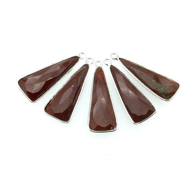 Silver Finish Faceted Red Jasper Long Triangle Shaped Bezel Pendant Component - Measuring 10mm x 25mm - Natural Semi-precious Gemstone