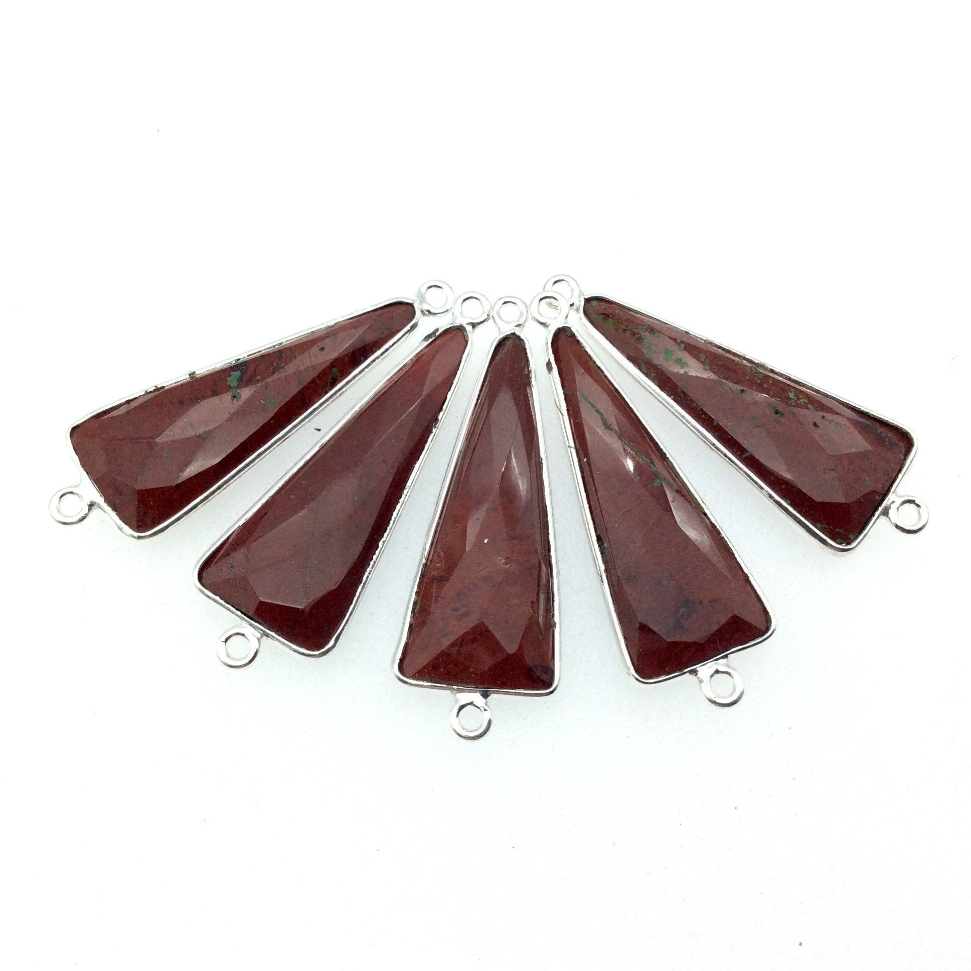 Silver Finish Faceted Red Jasper Long Triangle Shaped Bezel Connector Component - Measuring 12mm x 30mm - Natural Semi-precious Gemstone