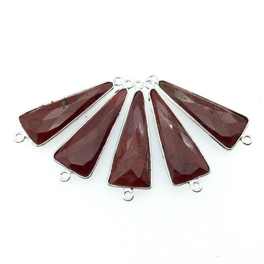 Silver Finish Faceted Red Jasper Long Triangle Shaped Bezel Connector Component - Measuring 12mm x 30mm - Natural Semi-precious Gemstone