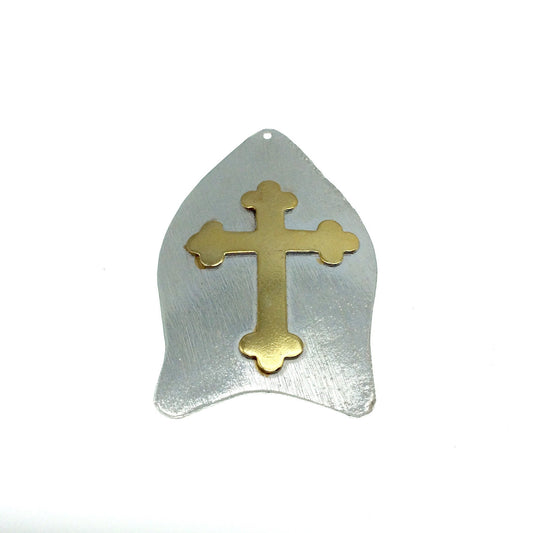 OOAK Rustic Shield Pendant - Silver Plated Abstract Shape with Gold Plated Cross Embellishment - Measuring 40mm x 61mm