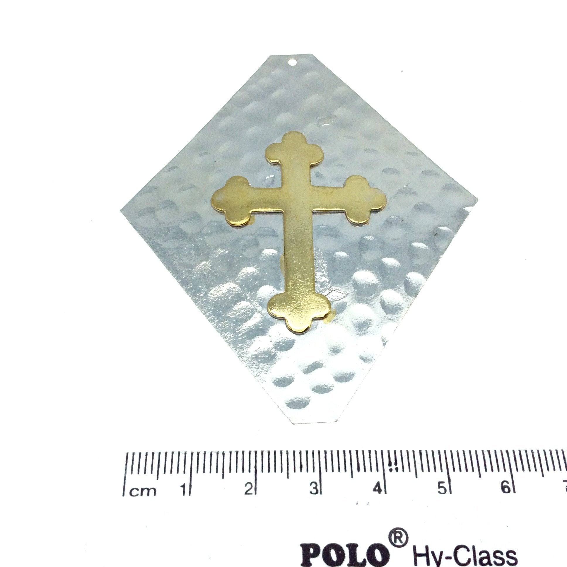 OOAK Rustic Shield Pendant - Silver Plated Hammered Kite Shape with Gold Plated Cross Embellishment - Measuring 66mm x 78mm