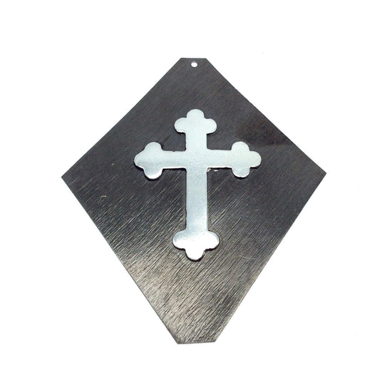 OOAK Rustic Shield Pendant - Gunmetal Plated Kite Shape with Silver Plated Cross Embellishment - Measuring 66mm x 79mm