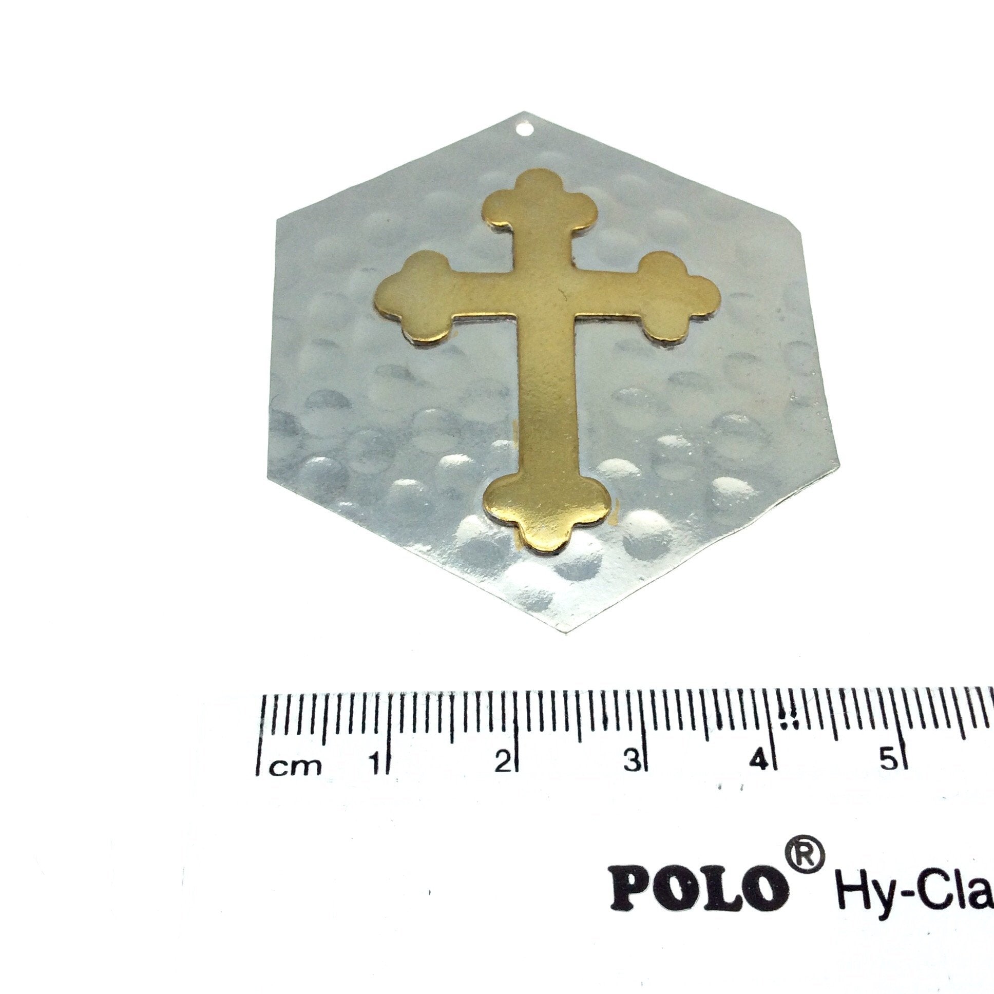 OOAK Rustic Shield Pendant - Silver Plated Hammered Hexagon Shape with Gold Plated Cross Embellishment - Measuring 50mm x 52mm
