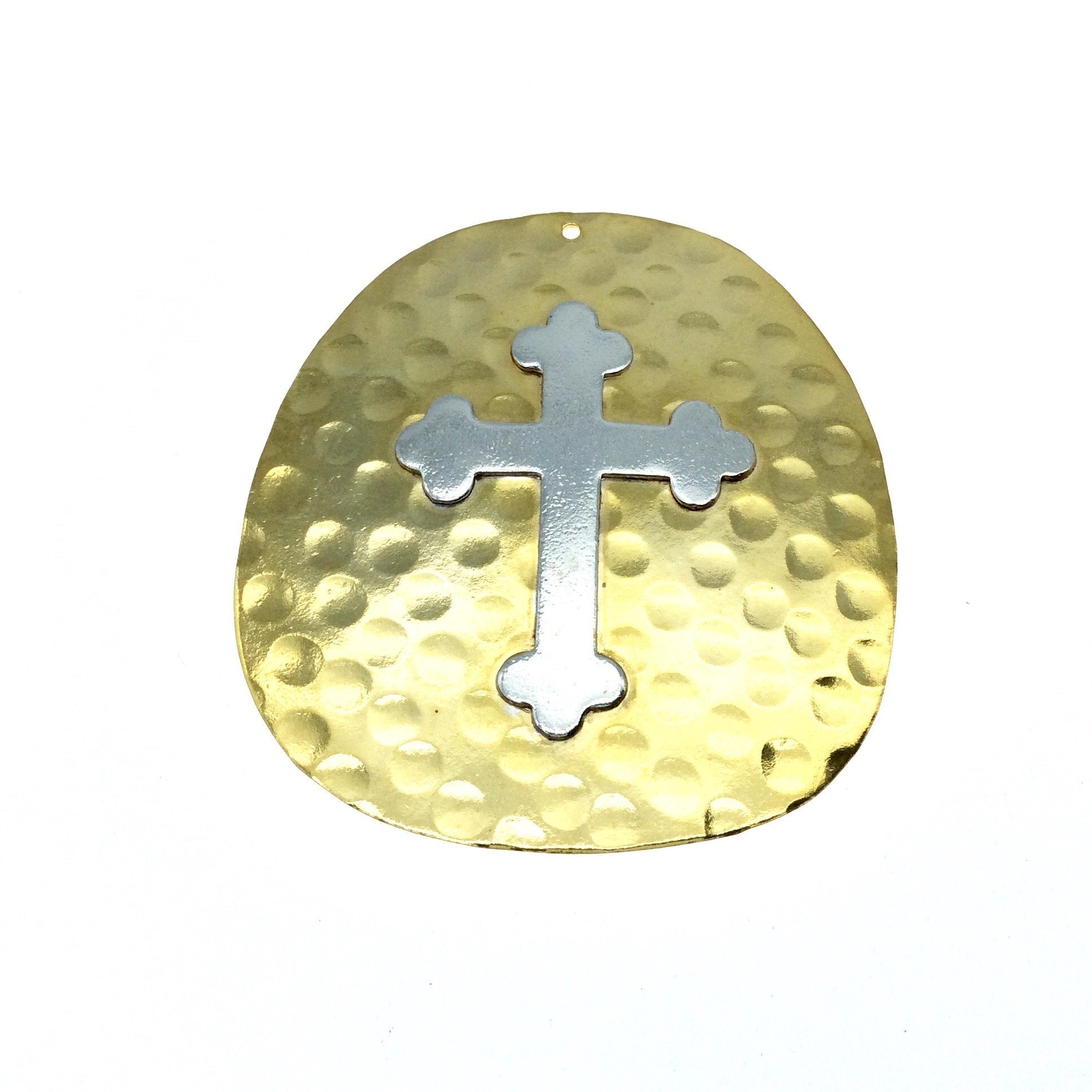 OOAK Rustic Shield Pendant - Gold Plated Hammered Freeform Circle Shape with Silver Plated Cross Embellishment - Measuring 56mm x 62mm