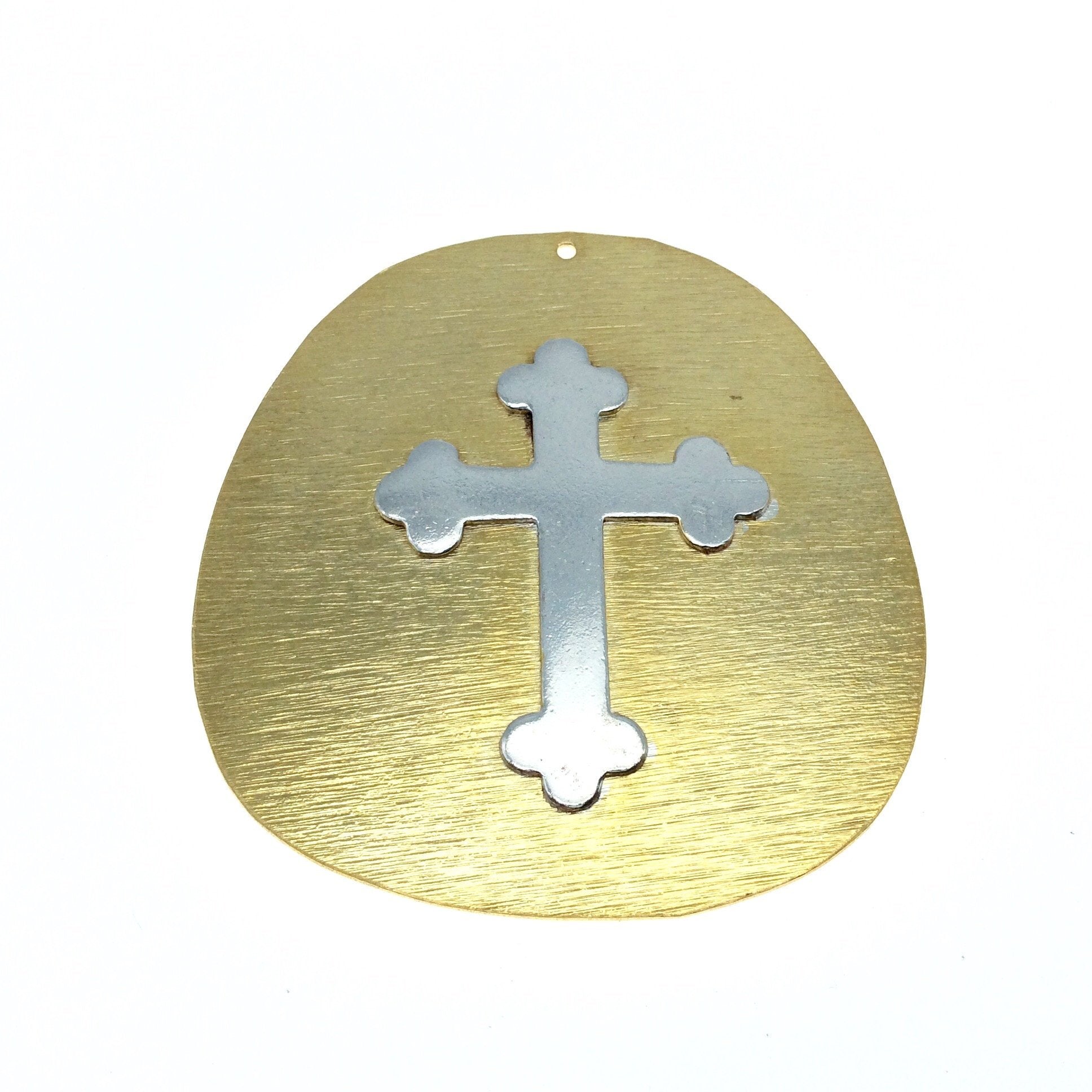 OOAK Rustic Shield Pendant - Gold Plated Freeform Circle Shape with Silver Plated Cross Embellishment - Measuring 56mm x 63mm