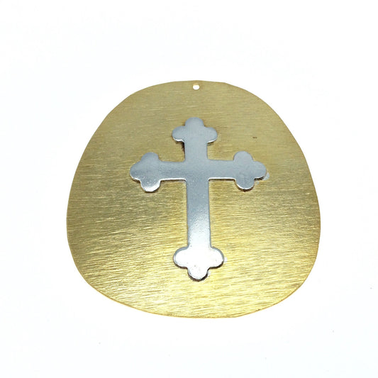 OOAK Rustic Shield Pendant - Gold Plated Freeform Circle Shape with Silver Plated Cross Embellishment - Measuring 56mm x 63mm