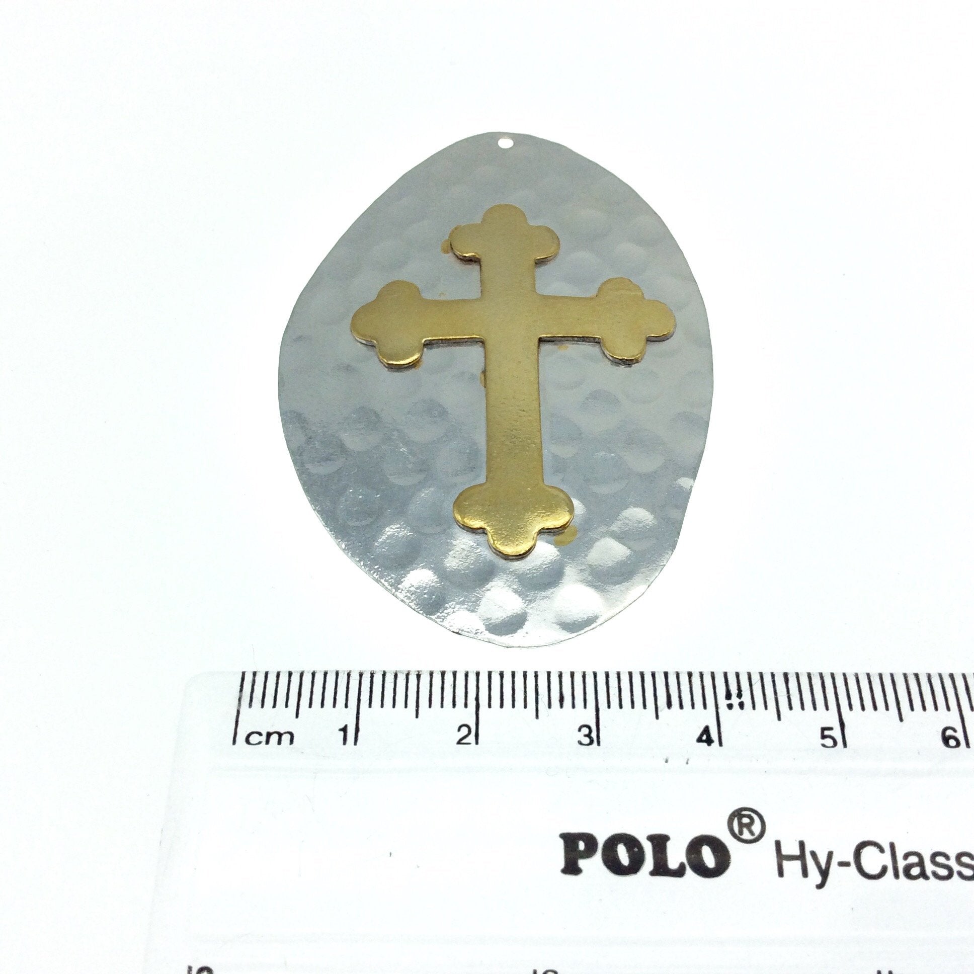 OOAK Rustic Shield Pendant - Silver Plated Hammered Freeform Oval Shape with Gold Plated Cross Embellishment - Measuring 42mm x 62mm