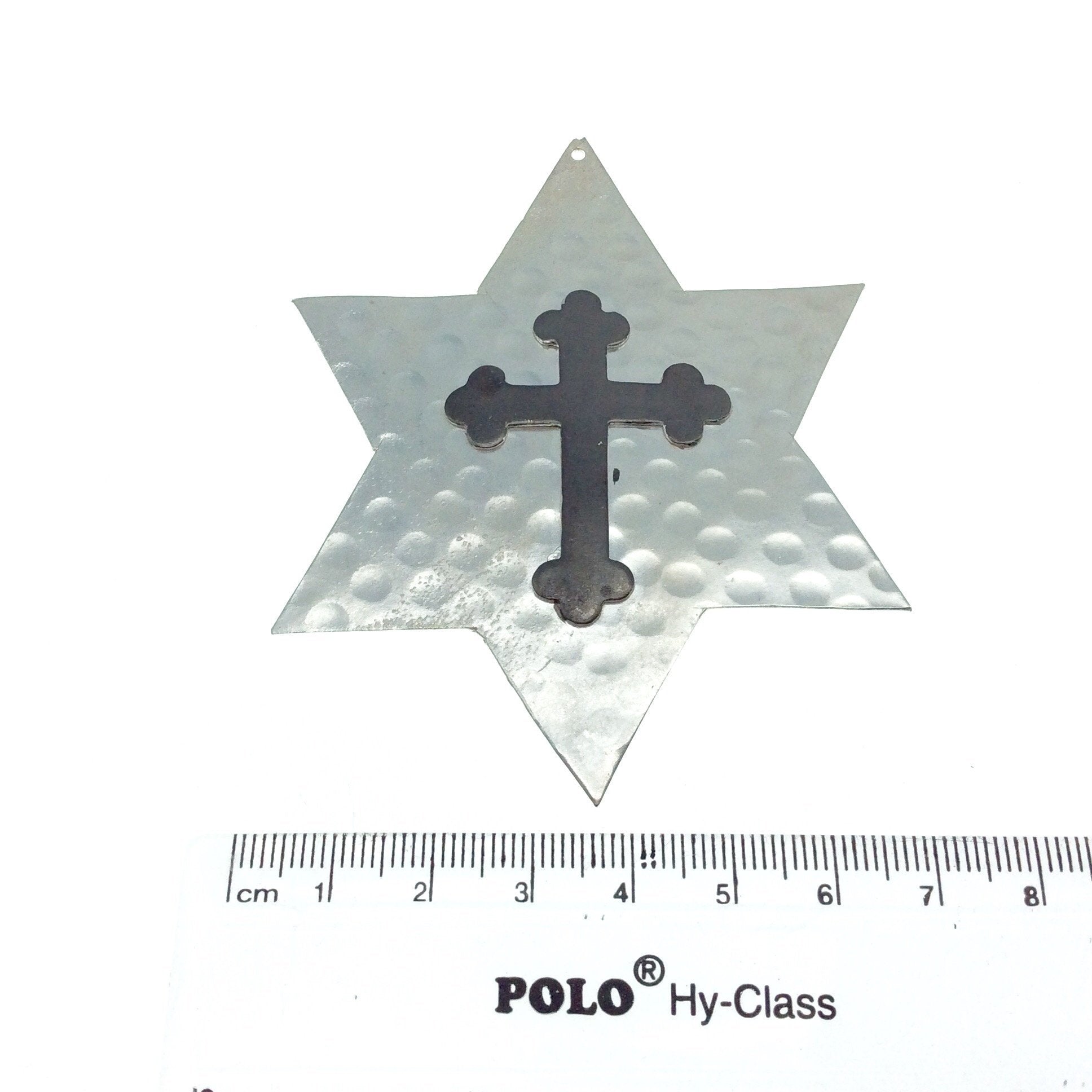 OOAK Rustic Shield Pendant - Silver Plated Hammered Star Shape with Gunmetal Plated Cross Embellishment - Measuring 67mm x 83mm