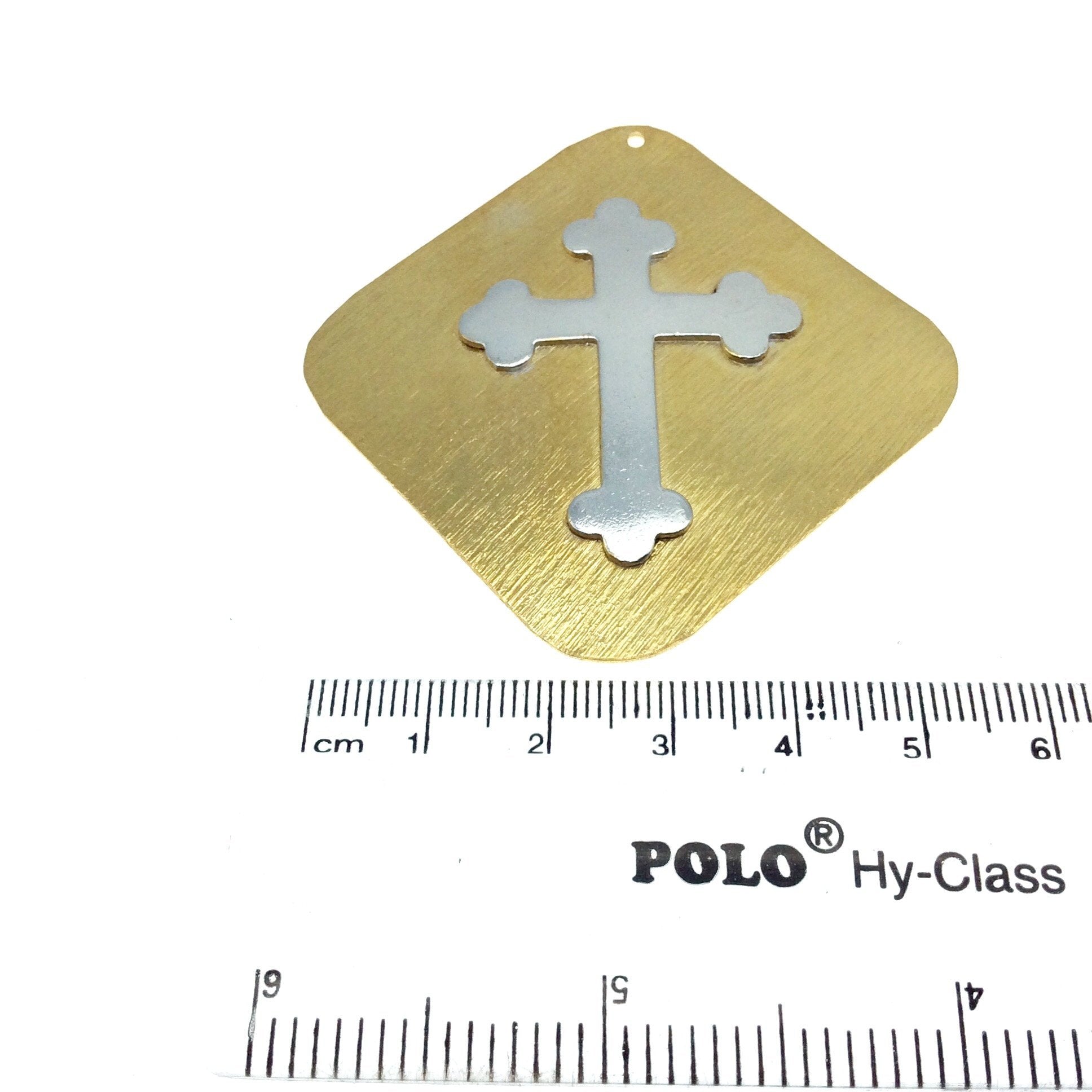 OOAK Rustic Shield Pendant - Gold Plated Freeform Diamond Shape with Silver Plated Cross Embellishment - Measuring 61mm x 61mm