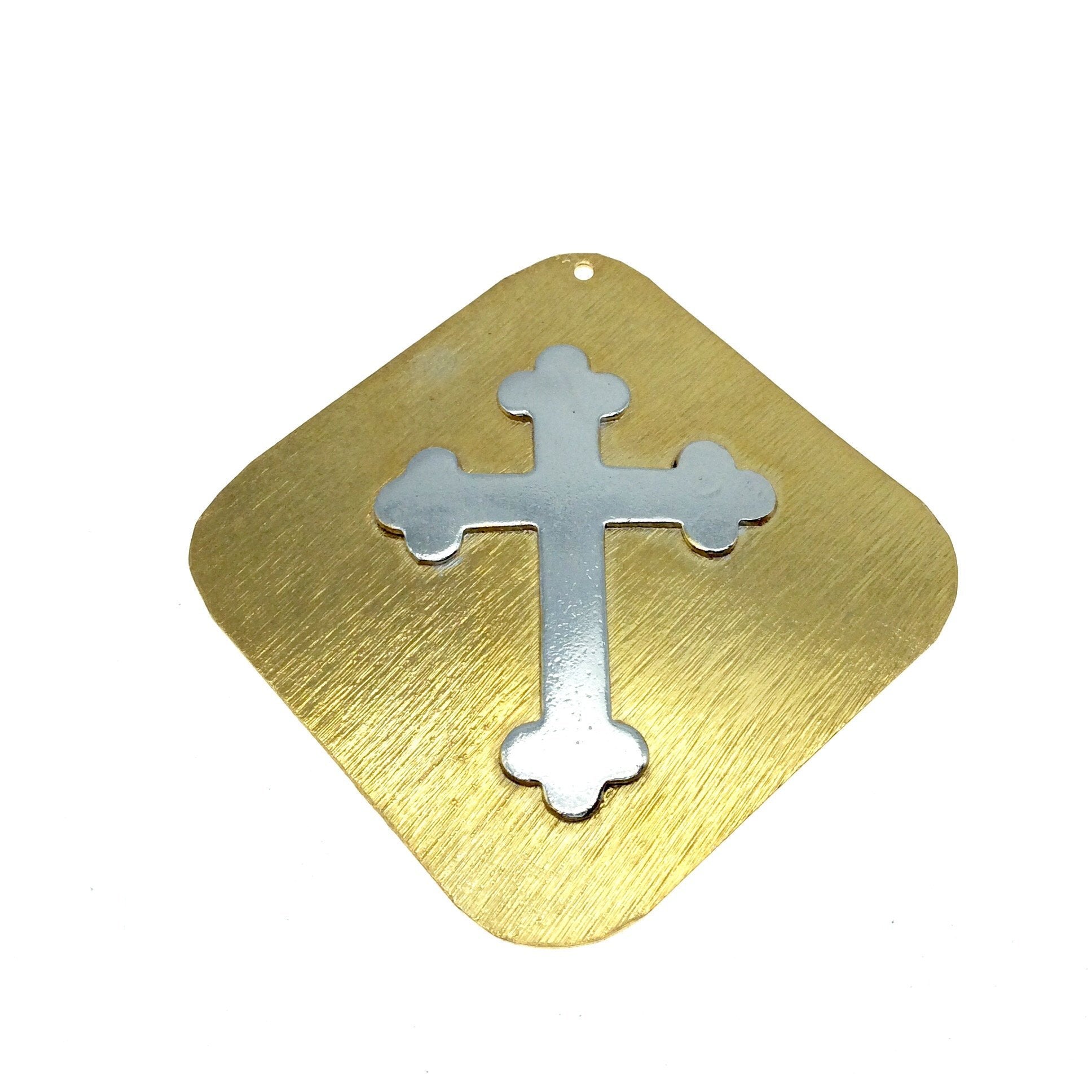 OOAK Rustic Shield Pendant - Gold Plated Freeform Diamond Shape with Silver Plated Cross Embellishment - Measuring 61mm x 61mm