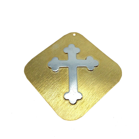 OOAK Rustic Shield Pendant - Gold Plated Freeform Diamond Shape with Silver Plated Cross Embellishment - Measuring 61mm x 61mm