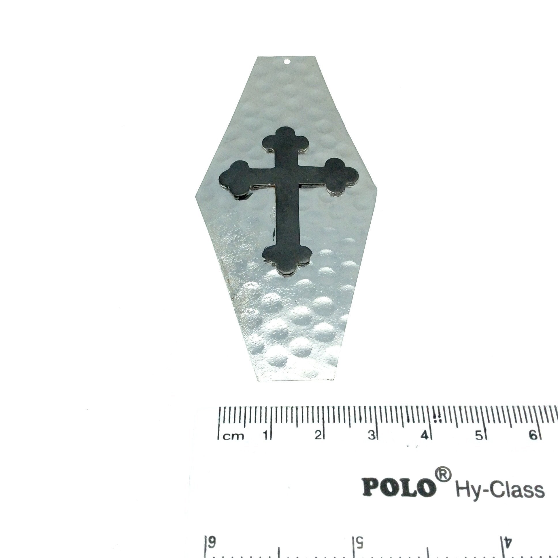 OOAK Rustic Shield Pendant - Silver Plated Hammered Long Hexagon Shape with Gunmetal Plated Cross Embellishment - Measuring 42mm x 90mm