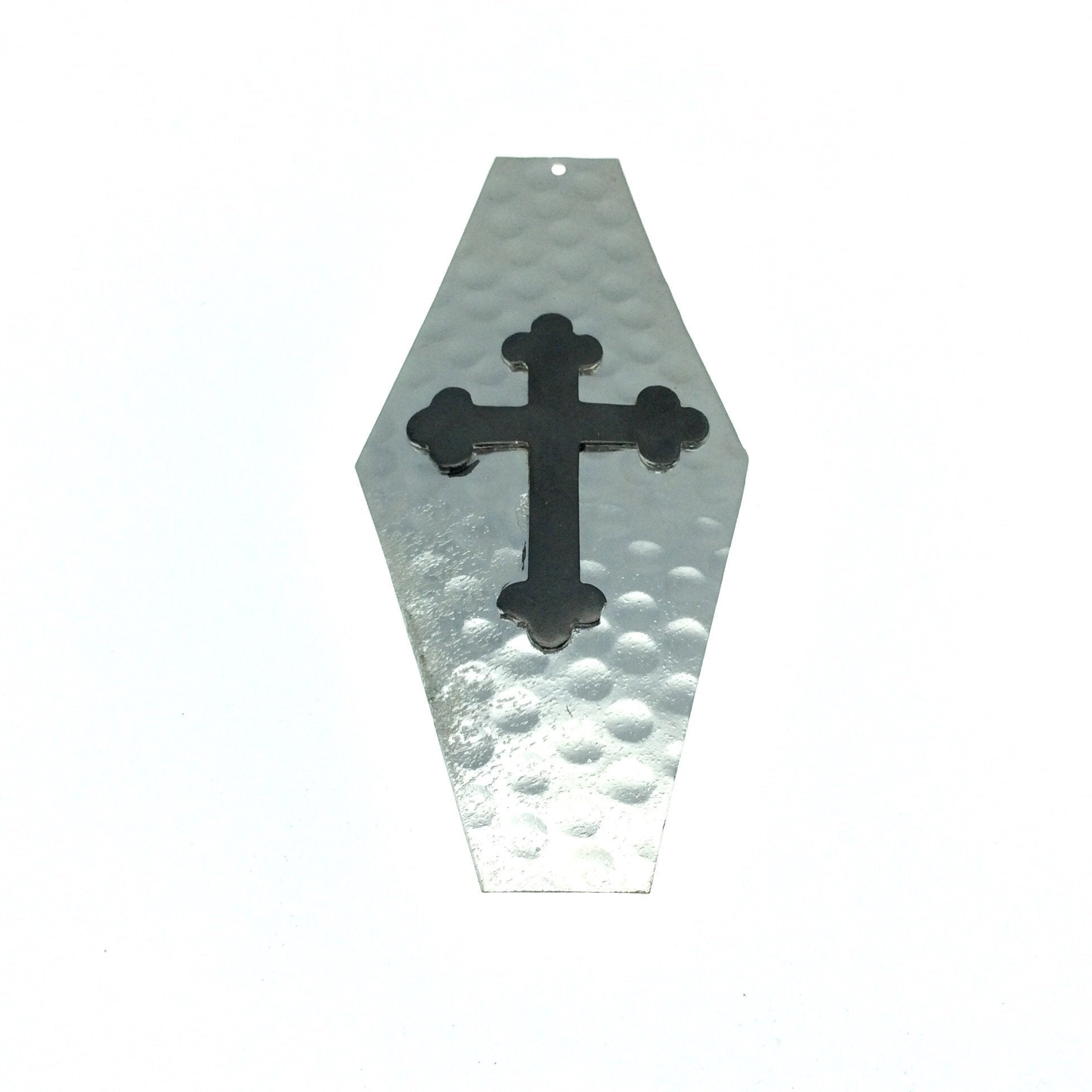 OOAK Rustic Shield Pendant - Silver Plated Hammered Long Hexagon Shape with Gunmetal Plated Cross Embellishment - Measuring 42mm x 90mm