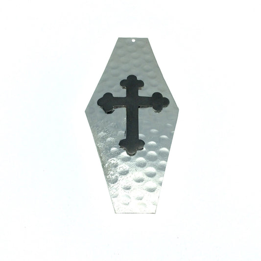 OOAK Rustic Shield Pendant - Silver Plated Hammered Long Hexagon Shape with Gunmetal Plated Cross Embellishment - Measuring 42mm x 90mm