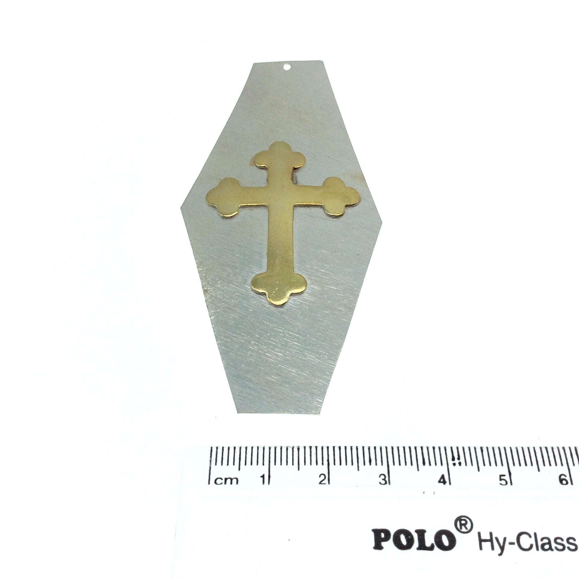 OOAK Rustic Shield Pendant - Silver Plated Long Hexagon Shape with Gold Plated Cross Embellishment - Measuring 42mm x 90mm