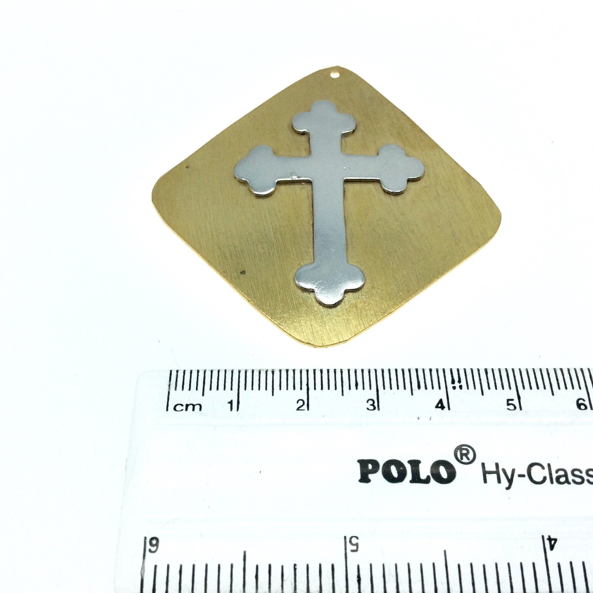 OOAK Rustic Shield Pendant - Gold Plated Freeform Diamond Shape with Silver Plated Cross Embellishment - Measuring 58mm x 60mm